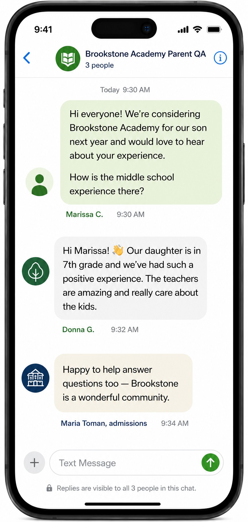 Example ParentQA group text conversation between a prospective family and current school parents